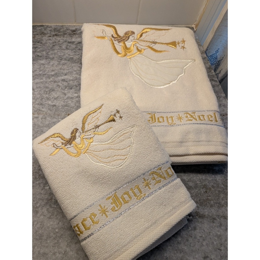 Santens Vtg Christmas Cream Towel Set -Angels, Stars Season's Greetings USA Made